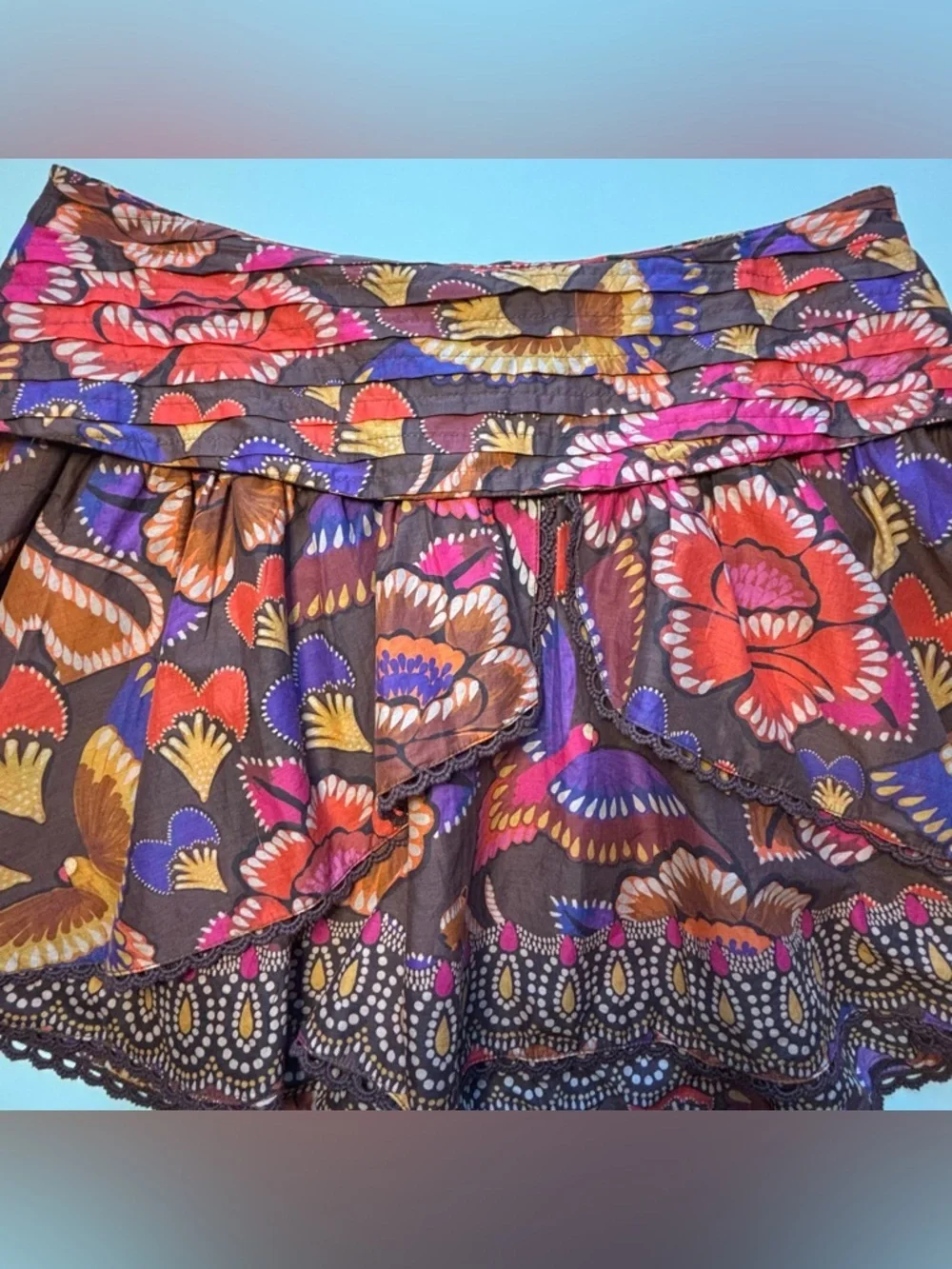 FARM Rio Bright Flora Brown Mini Skirt Size Large NWOT Boho Floral Ruffle